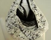 LIX PERLE: Reversible, Versatile Beautiful Dressy Flock Ivory Lace with Chiffon, Circular Tube Black/ Ivory Infinity Scarf