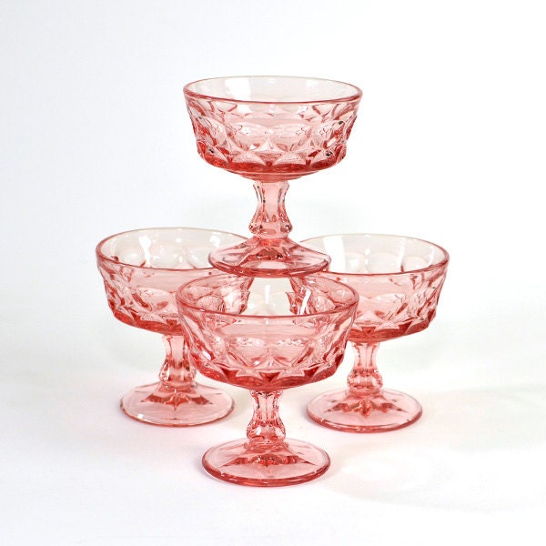 Pink Glass Goblet Set - Cups or Dessert Sundae Bowls, Pretty Shabby Chic - Vintage Home Kitchen Decor or Use