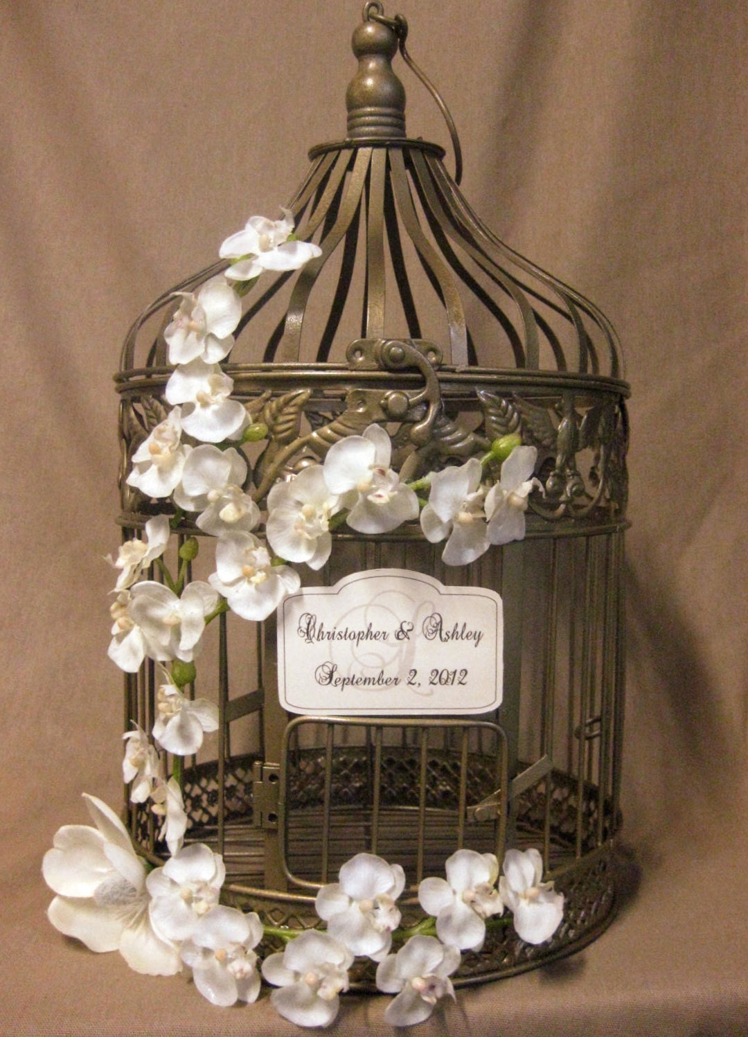 Gold Bird Cage Wedding Card Box Vintage Style with Orchid Vine / Wedding Card Holder Birdcage Gold / Wedding Birdcage