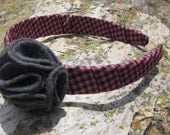 CLEARANCE -- Pink Checkered with Grey Flourette Headband