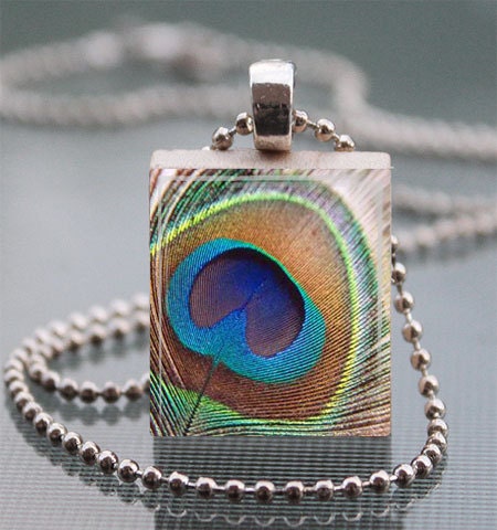 PEACOCK FEATHER Wooden Tile Pendant or Keyring. Birds, nature, wildlife, jewellery, accessories, gifts, presents.