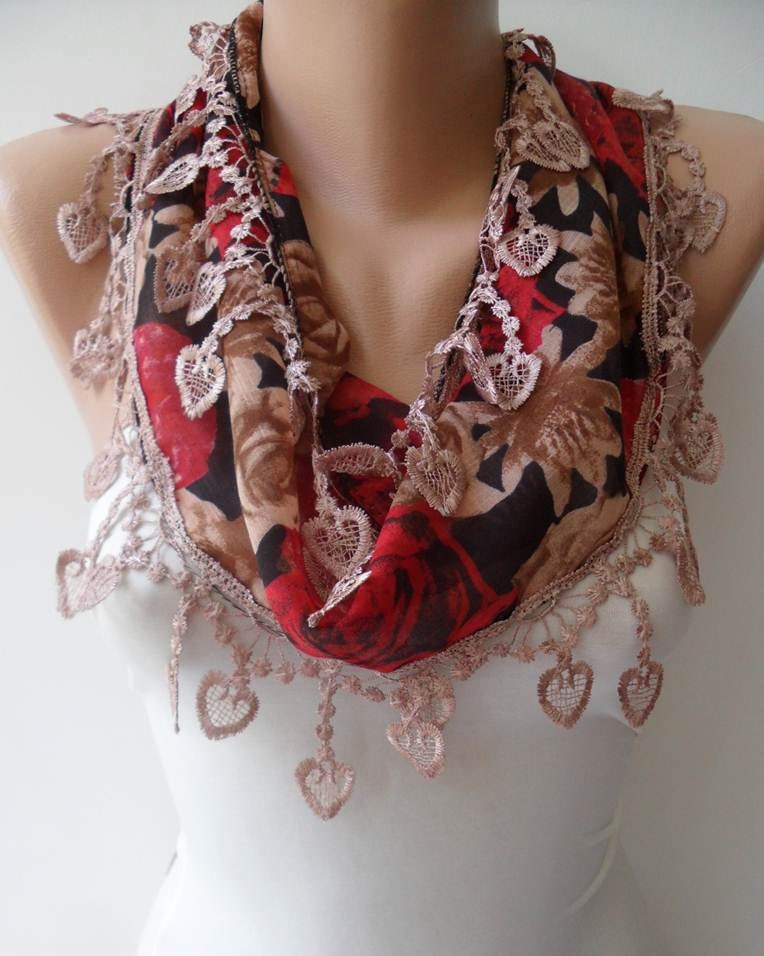 New - Light Brown and Red Scarf with Trim Edge - Summer Colors - New