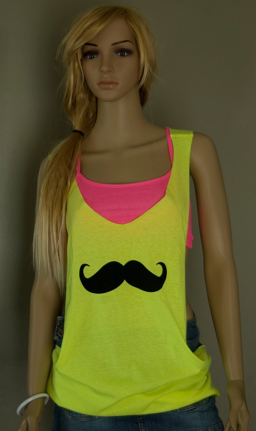 Neon Yellow Mustache Hand Cut Low Sides Tank Top Shirt