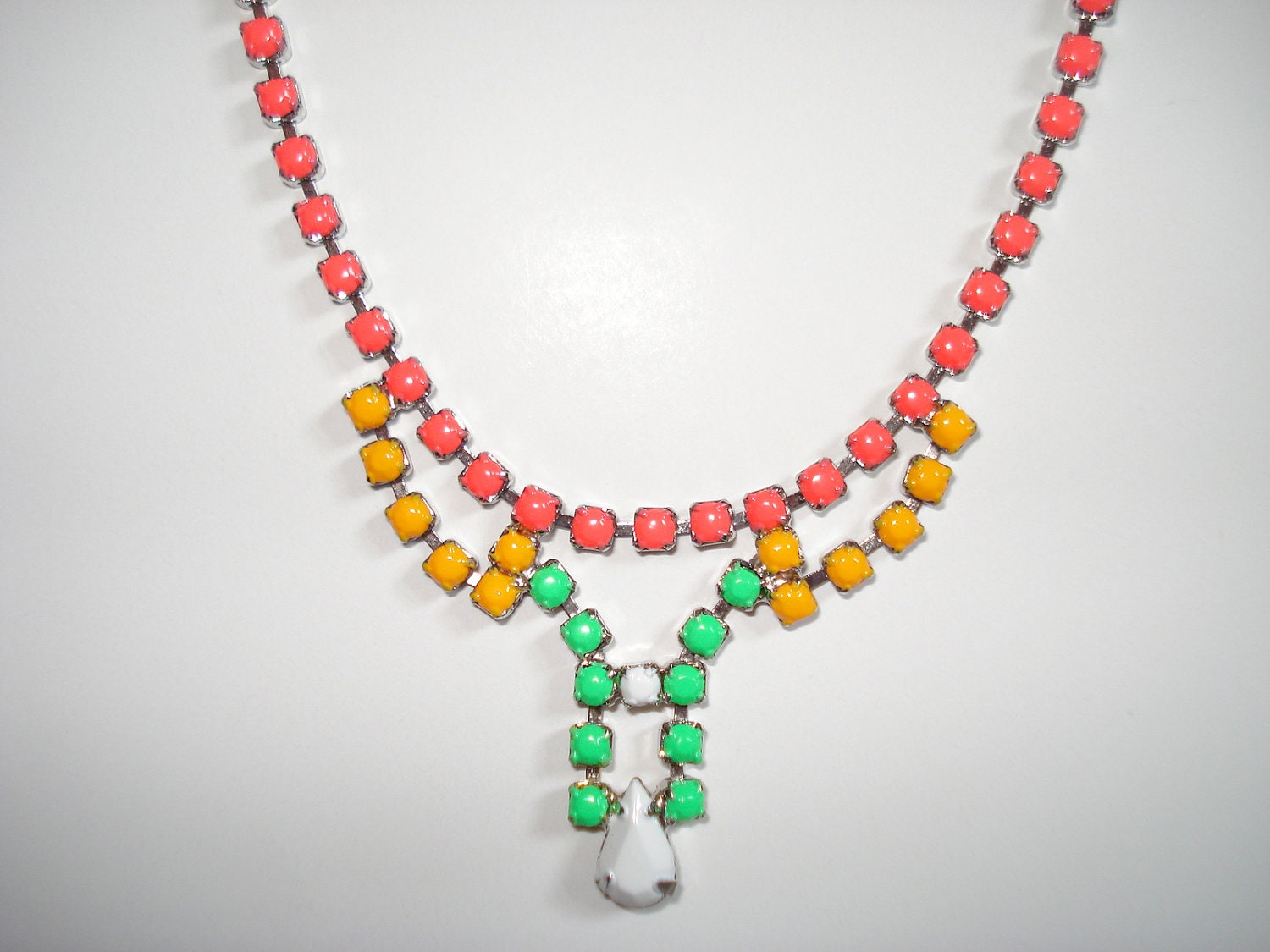 Boho Chic Neon Hand Painted Vintage Rhinestone Necklace