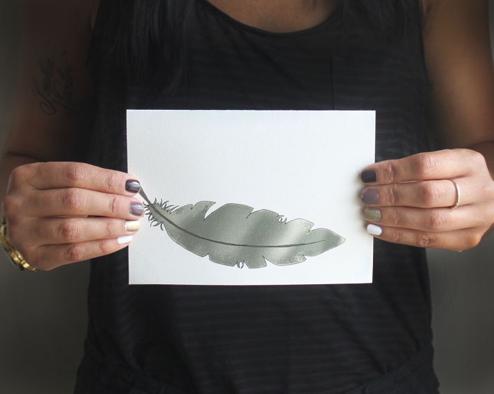 feather card . feather notecard . tribal card.  hand drawn stationery . greeting card . blank card . feather . gray . nature .
