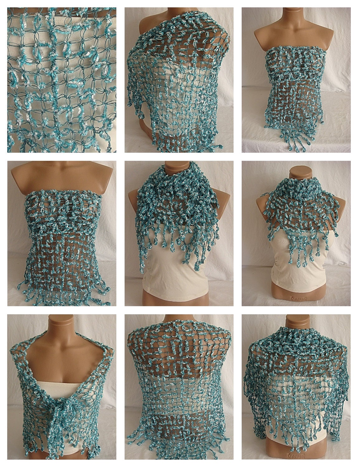 Crocheted turquoise white magic shawl, scarf by Arzu's Style