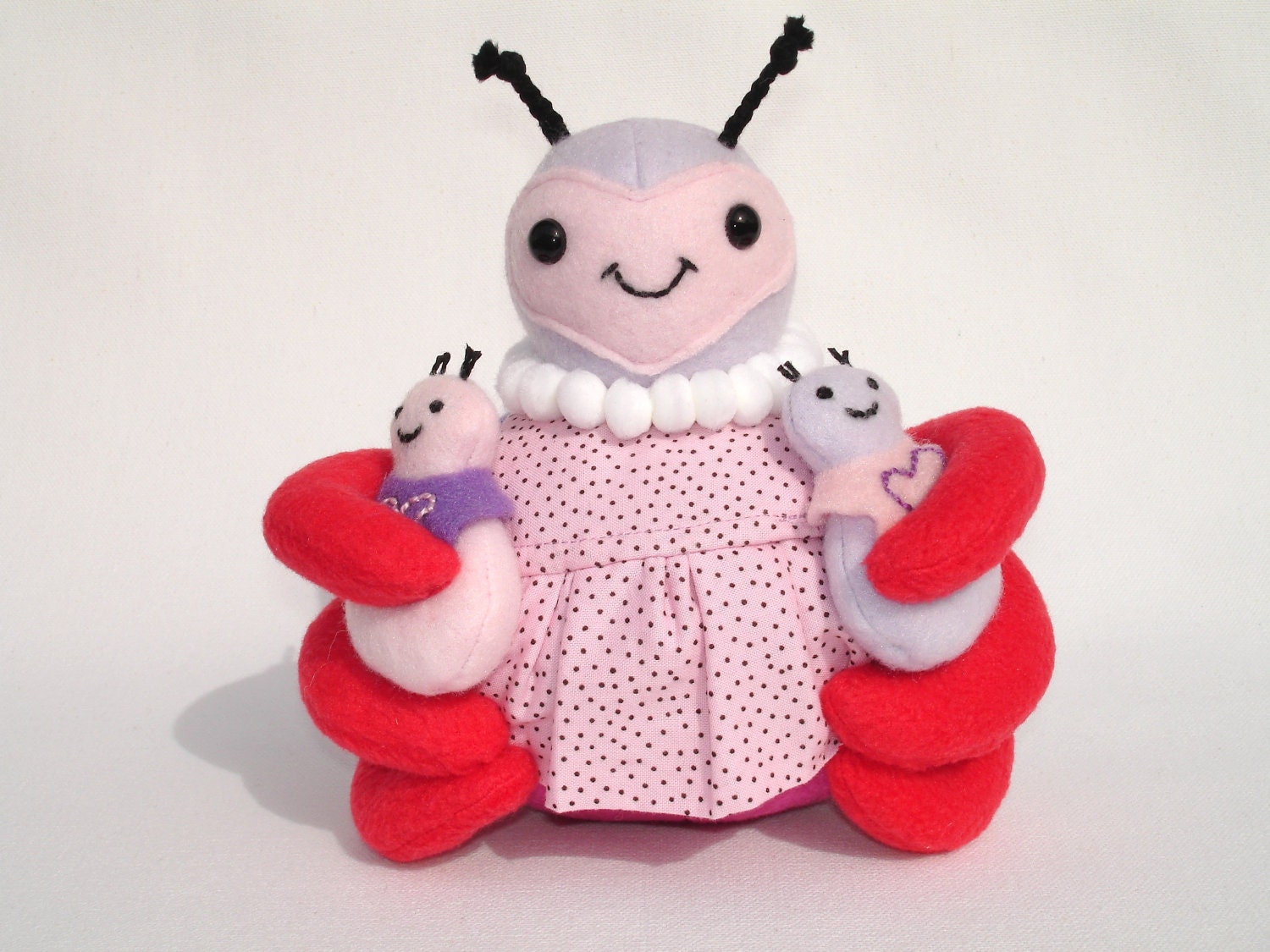 mama beetle plush toy retro pink apron and baby beetles with bibs