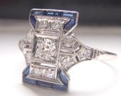 Decadent Vintage Art Deco Engagement or Dress Ring. Baguette Sapphires, Diamonds, 18K White Gold. Quality Ring loaded with Sparkle and Style