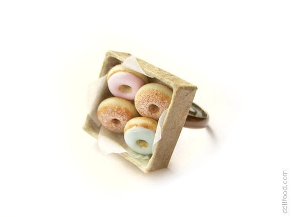 Donuts Ring - Mint Pink Powdered Sugar Donuts - Food Jewelry