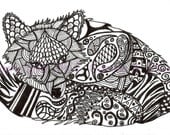 Black and White Art Pen and Ink Animals Fox Illustration Wall Art Signed 5 x 7 Print Home Decor Design Drawing