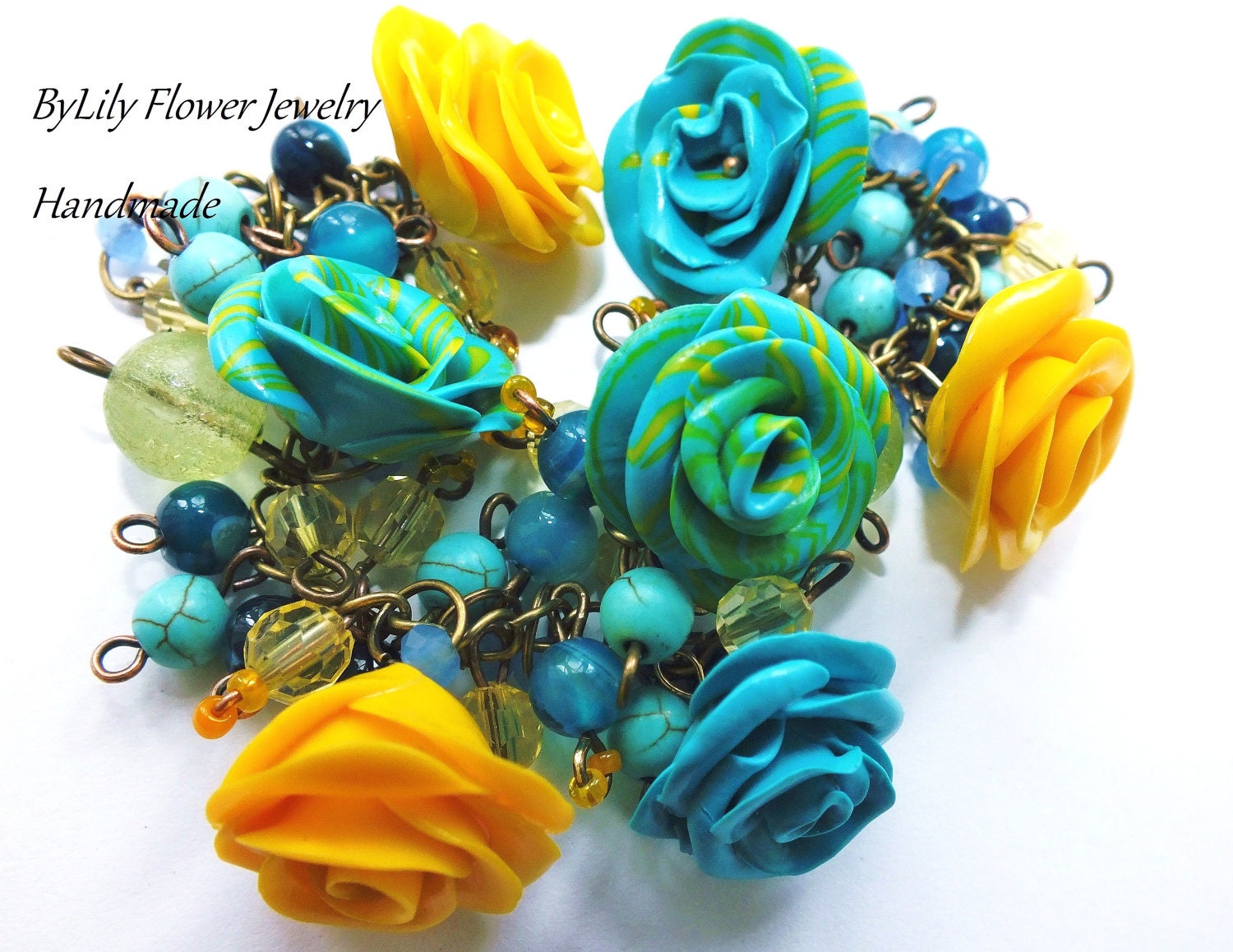 Summer Beaded Charm Turquoise Polymer Clay Bracelet "Vintage" with Natural Turquoise and Agate beads