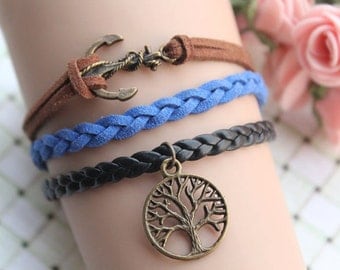 Wishing tree,retro bronze personality anchor with wish tree,alloy bracelet,brown leather,blue rope braid bracelet---B134