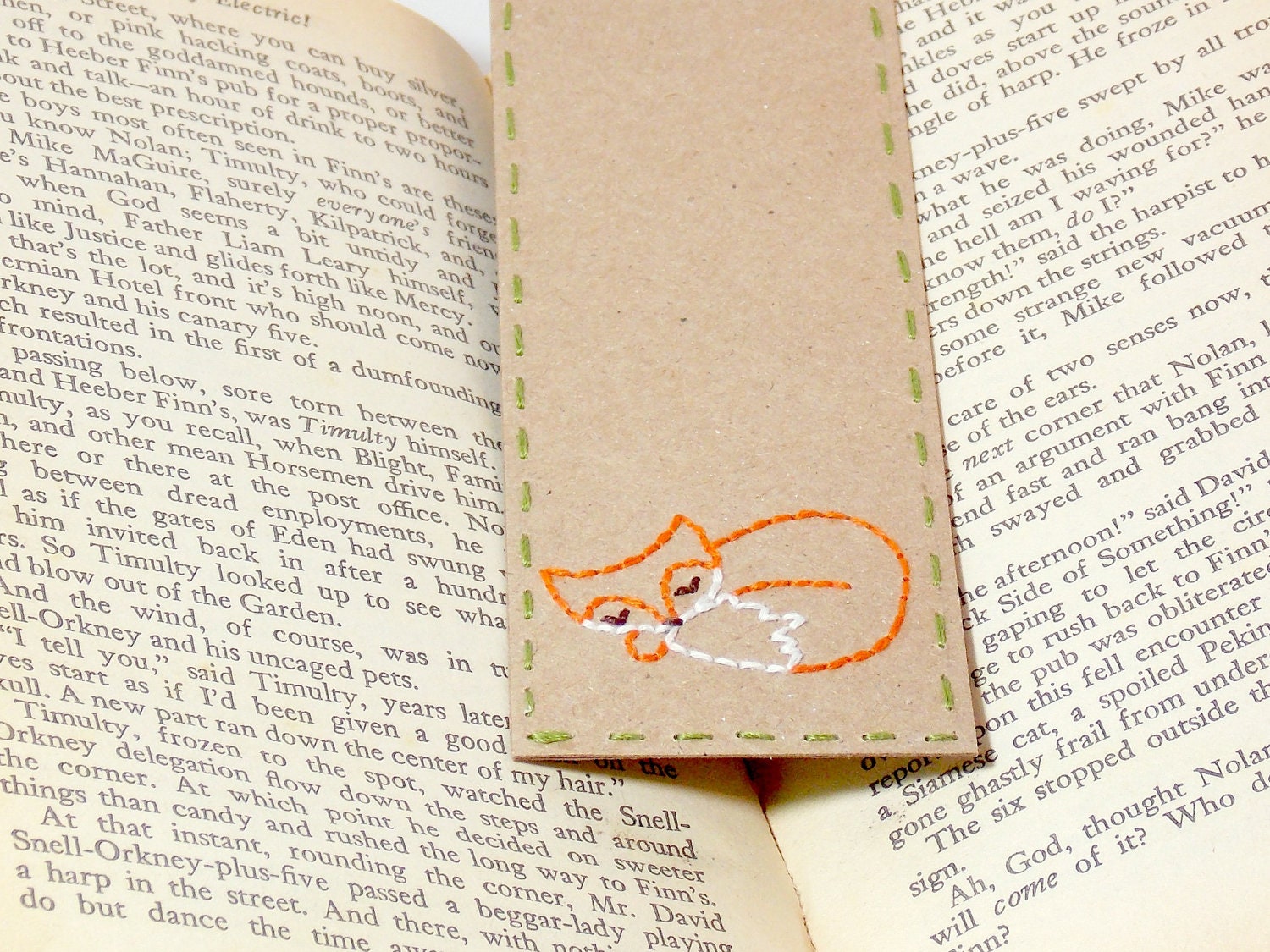Sleeping Fox Bookmark Hand Embroidered Kraft Paper Books Orange White