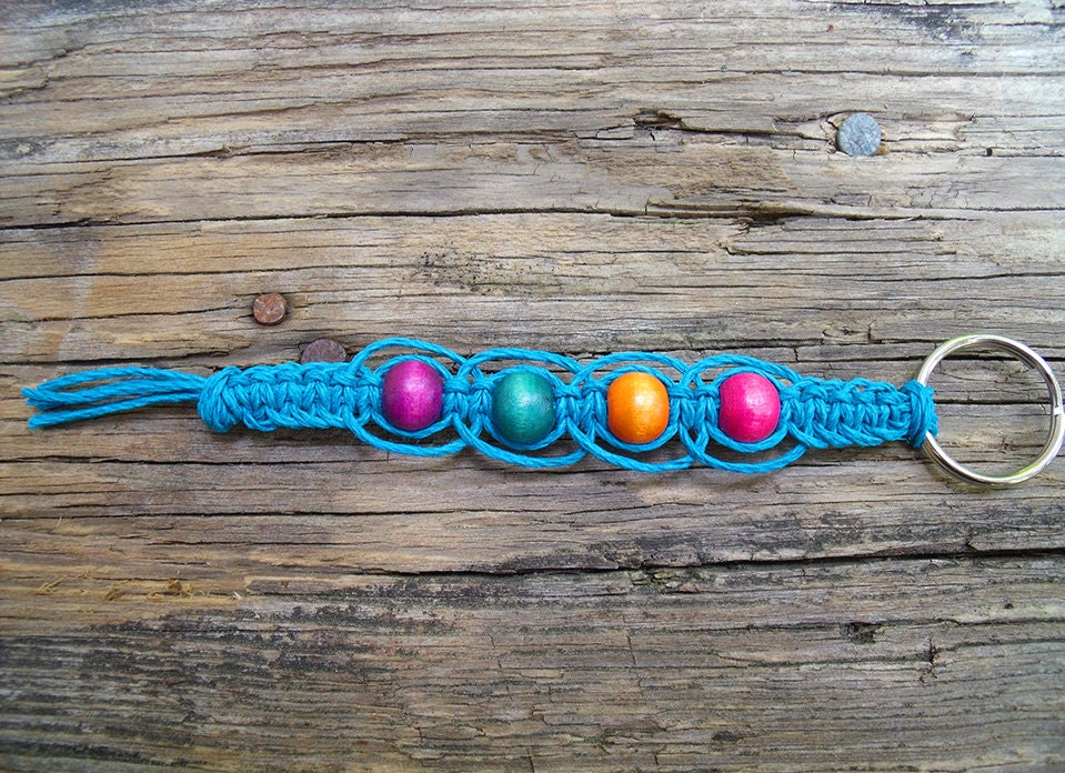 Turquoise Hemp Keychain with Multi-Colored Beads