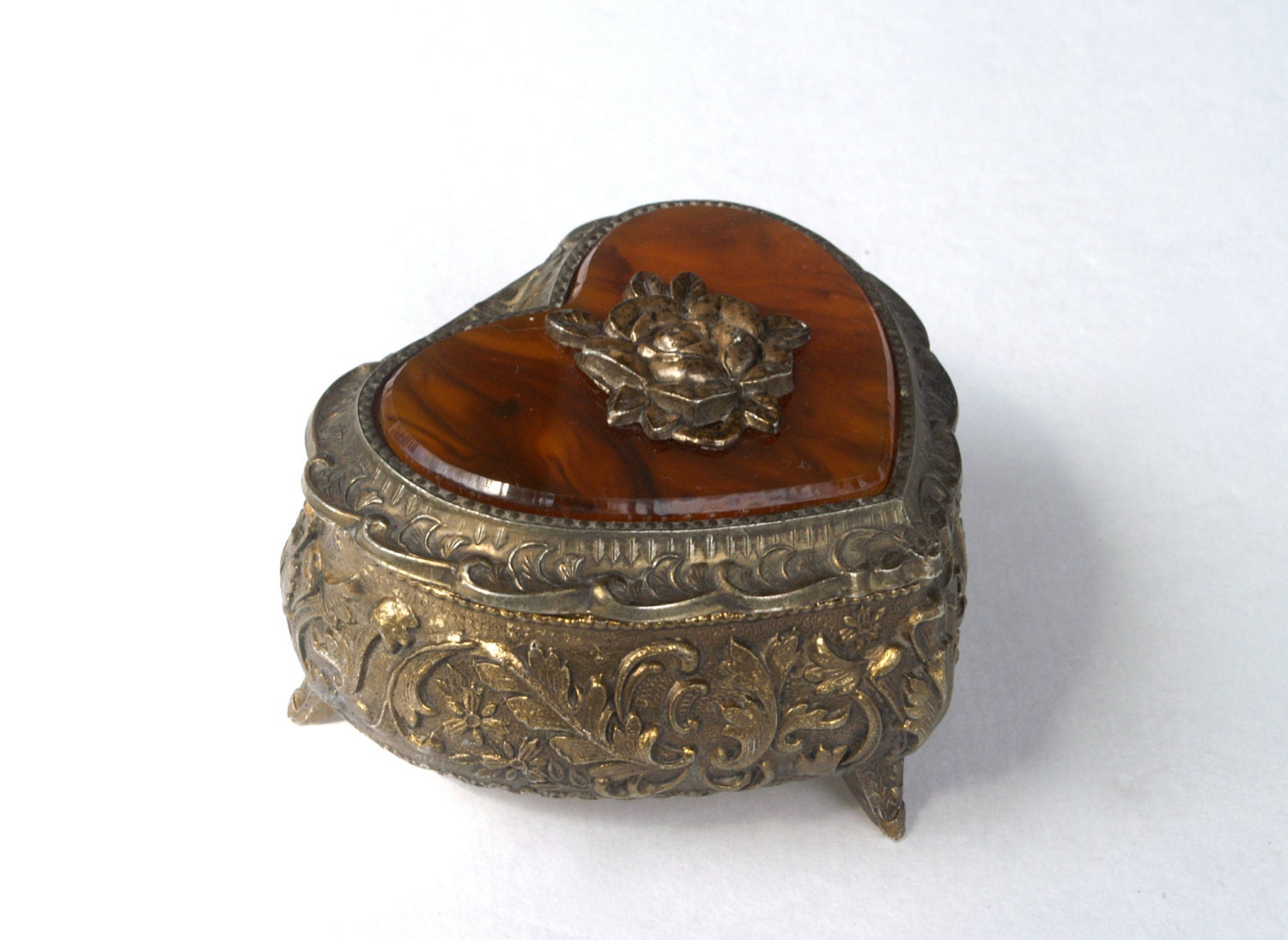 Vintage Heart Shaped Brass Tone Metal Jewelry Box Faux Tortoise Shell and Rose