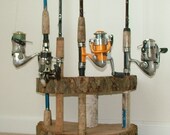 Rustic Home decor Fishing Rod Reel Holder Birch wood Log Tree Slice Cabin pole display Pool cue stand