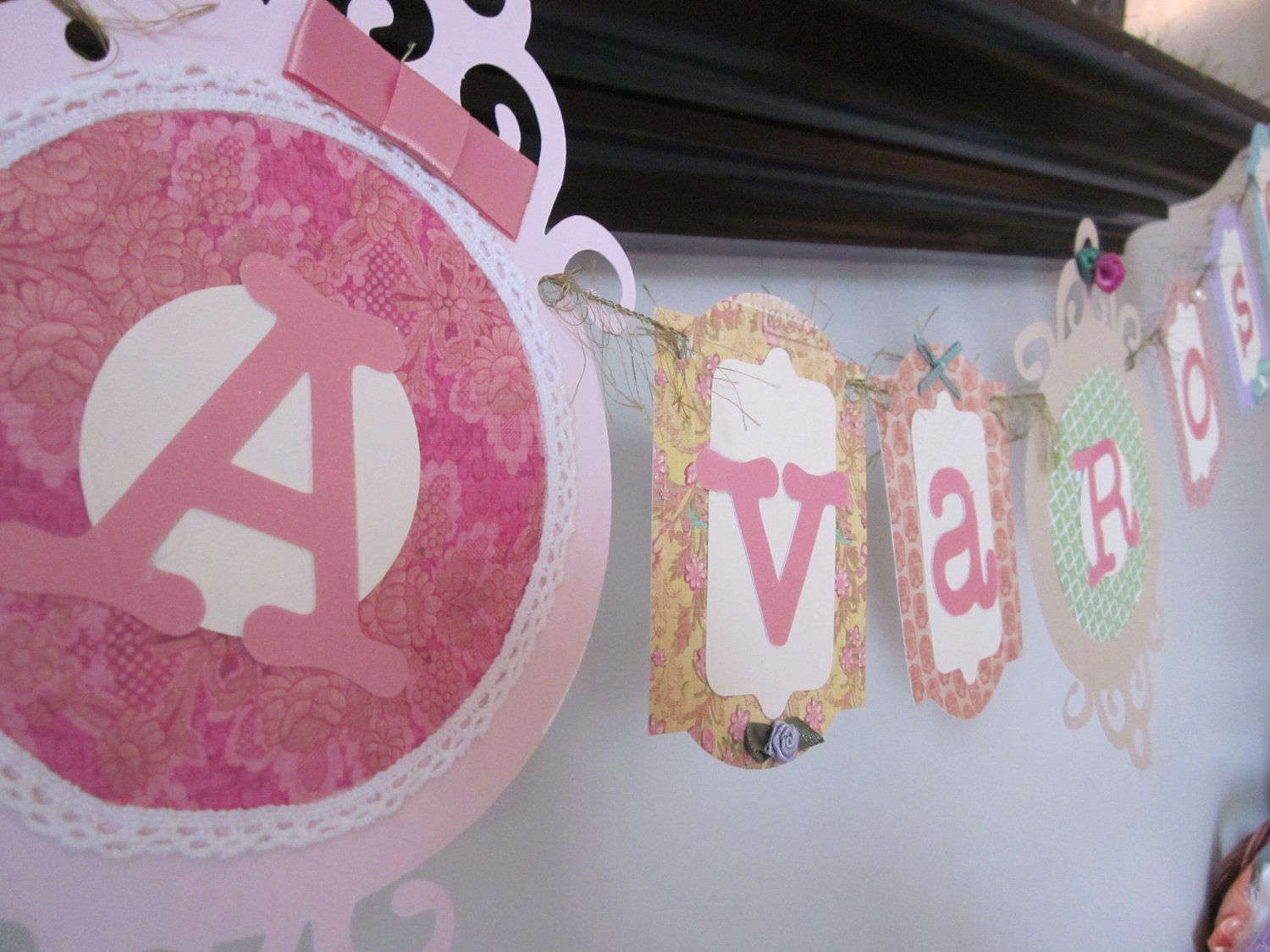 Shabby chic vintage baby name banner baby shower party decoration