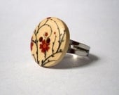 Tree and Flower Ring, Woman's Red and Black Adjustable Silver Button Ring, Lovely Gift/Present