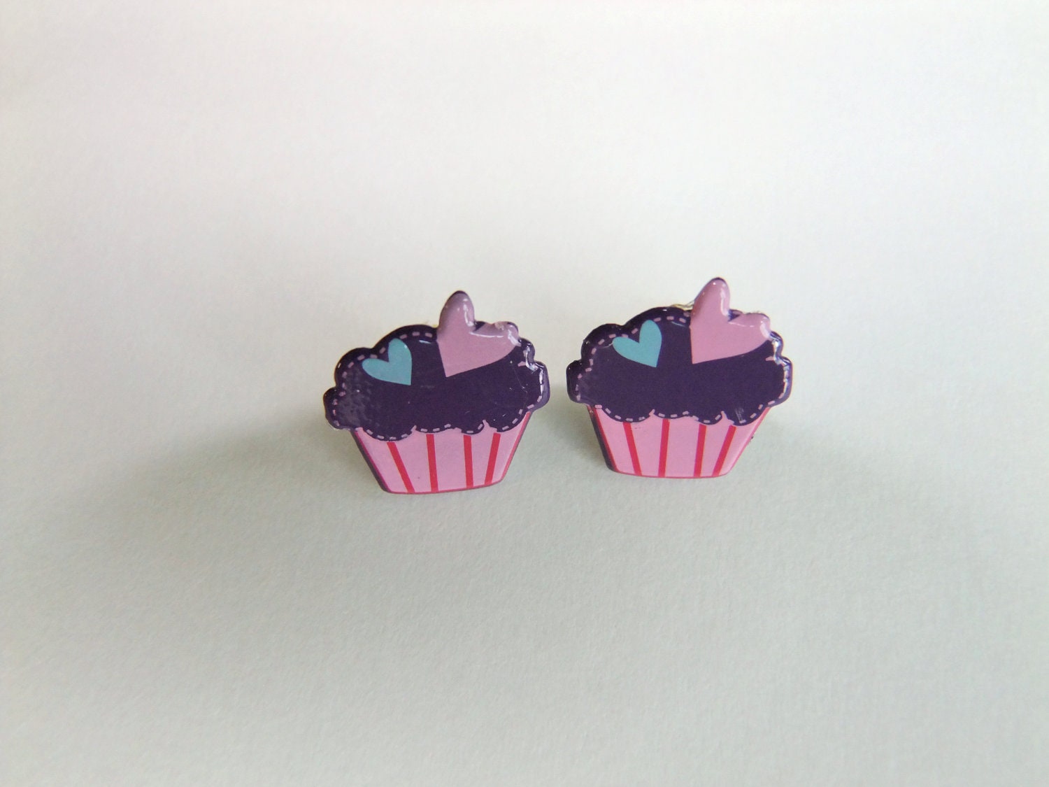 Cupcake earrings purple icing pink blue striped wrapper hearts sprinkles metal handmade post for pierced ears