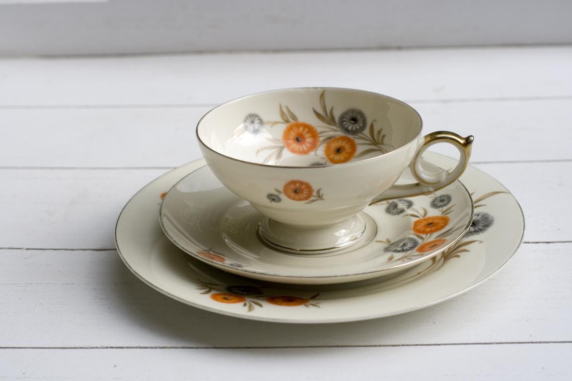 Vintage 1950s Tea Cup and Saucer Trio Set Orange and Grey Floral