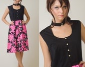 Vintage 60s Montgomery Ward black pink floral Rhinestone button mini dress - L/XL