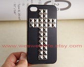 Cross Studded Iphone Case Silver pyramid studs Black IPHONE 4/4S Case----for Apple iPhone 4 Case, iPhone 4s Case, iPhone 4 Hard Case
