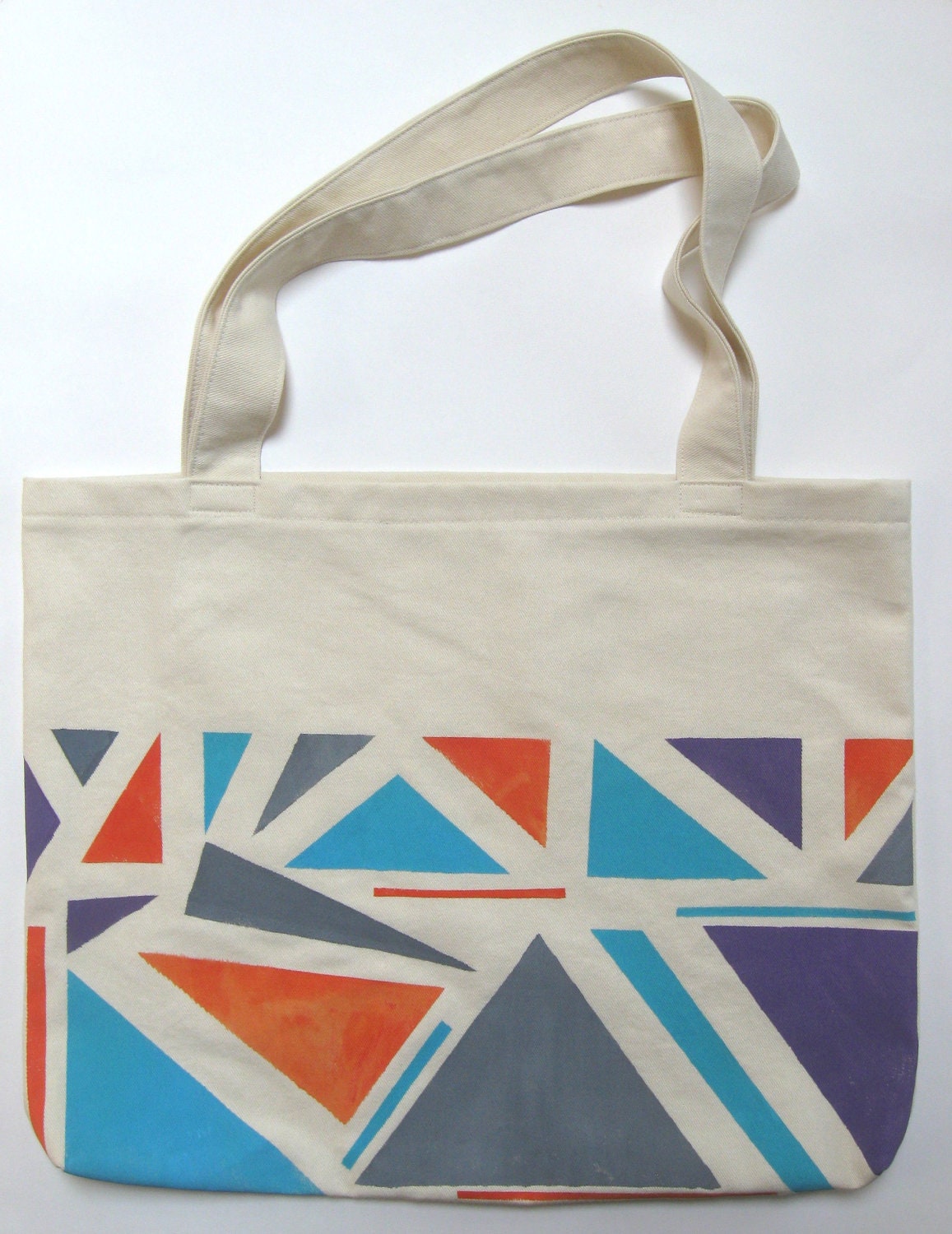 Large Hand Painted Tote Bag, Eco Friendly Reusable Shopping / Grocery Bag / Carry All -- Geometry Triangle Purple Orange Gray Blue -- OOAK
