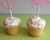 12 Pink Nautical Cupcake Toppers, Nautical First Bithday, Girl Baby Shower, Nautical Baby,Anchors,Helm,Life Preserver, Whales, Anchors, Pink