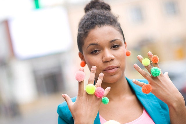 handmade ring with an orange pompom fluorescent neon, pom pom, pompon by bimabejbe