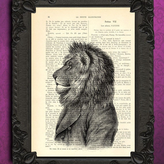 Proud looking lion antique illustration - beautifully upcycled dictionary page book art print - altered book page print