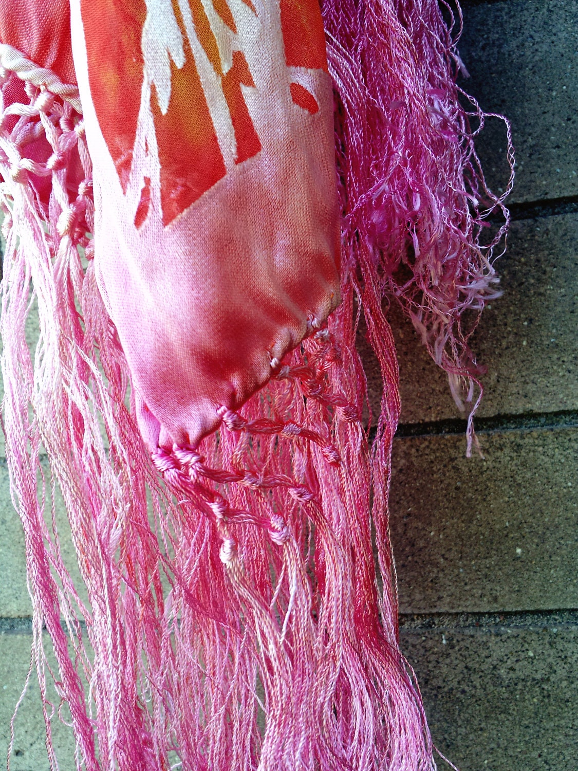 Red and Orange Satin and Silk Scarf w/ Fringe 22"x72"