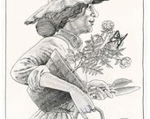 The Happy Gardener. Original drawing, joyful, at peace, outdoors, gardening, art print, with butterflies..