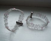 wire crochet cuff bracelet with pink beads