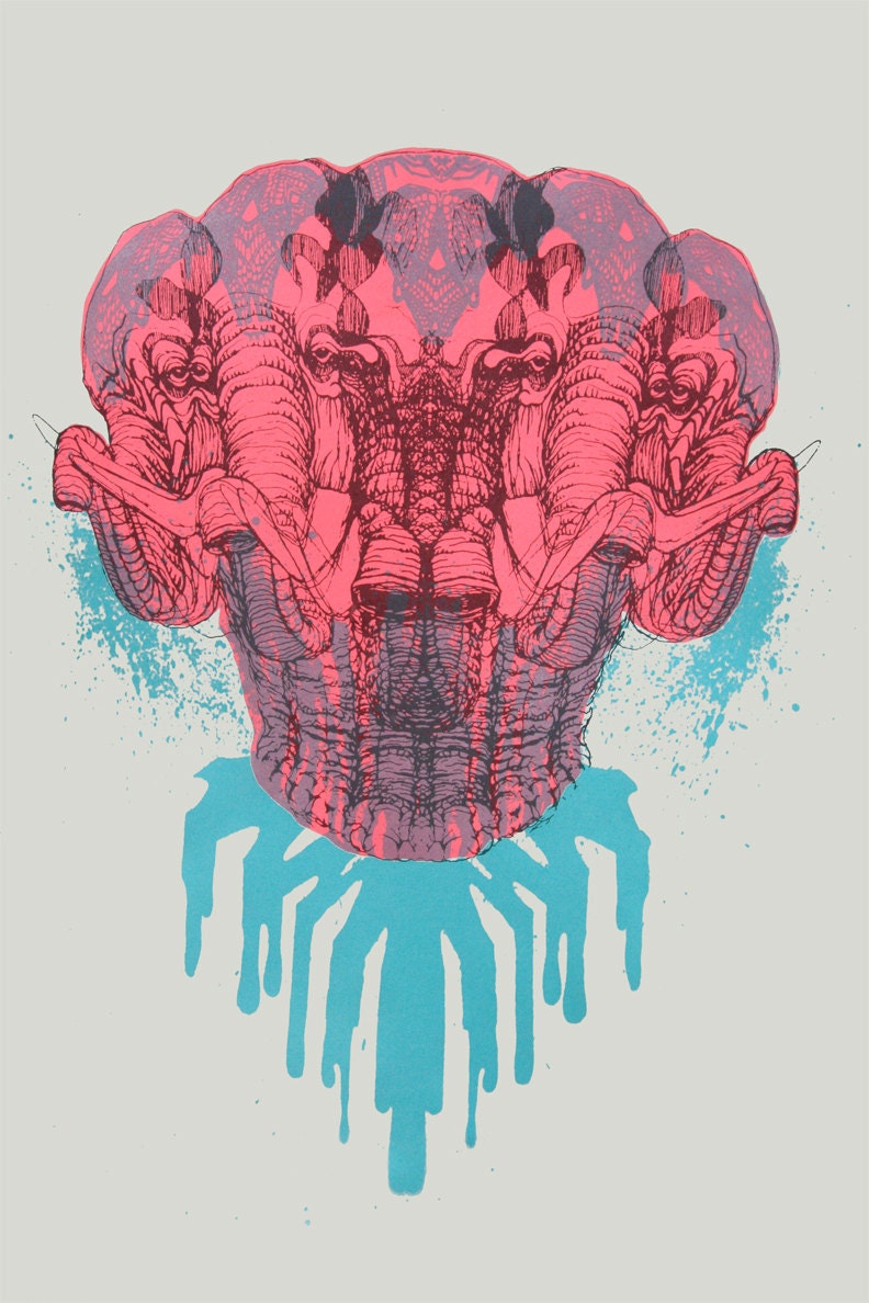 Glow in the Dark Elephant Morph Screenprint  12.5"x17"