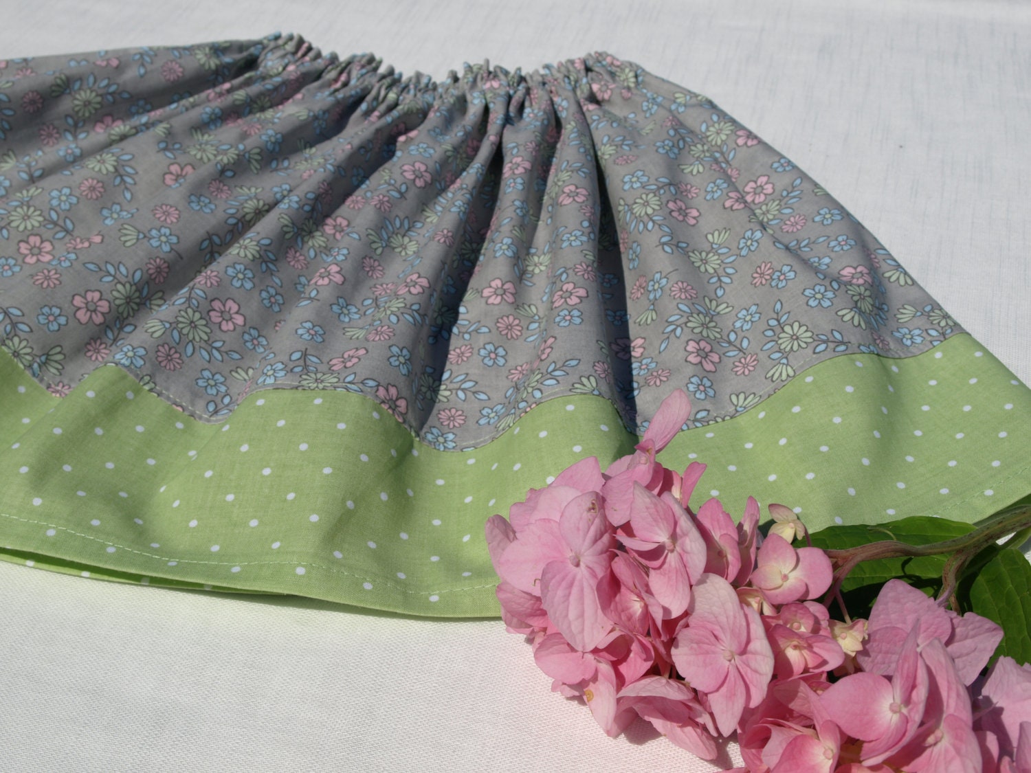 Girls skirt - pastel grey with flowers, green with dots, cotton. Ready to ship - 6/7 years or custom sizes 2T-3T, 4-5, 6-7, 8-10, with GIFT