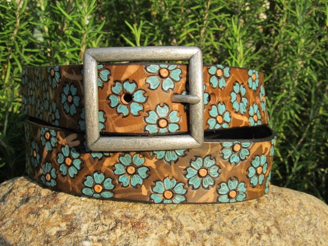 Hand Painted Leather Two Tone Tooled Wide Belt - Teal Flowers - Adult and Kid sizes