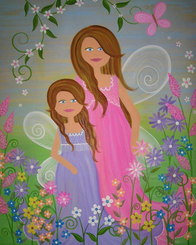 Mother daughter angels kids art, kids room decor, kids wall art, nursery art print, baby nursery decor, kids art prints - TwoLittleWitches