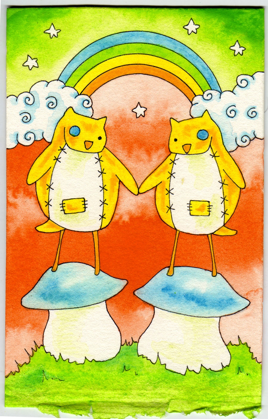 Happy Together Little stitched Monsters Rainbow Mushrooms Original Painting ACEO