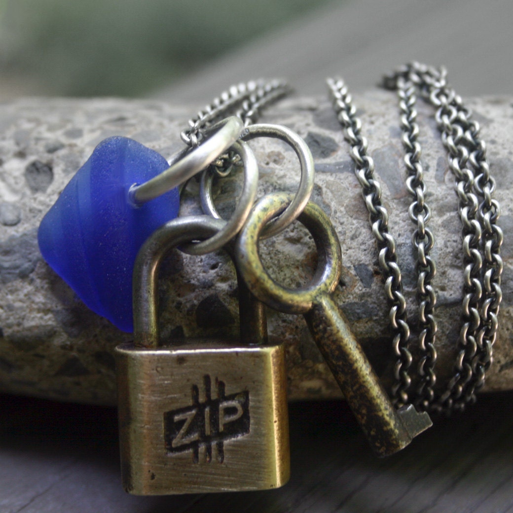 Vintage Antique Brass Padlock Key Necklace Blue Seaglass Long Sterling Silver Cable Chain - Zip Lock