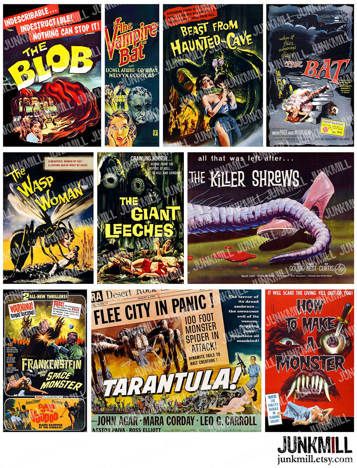 MONSTER MOVIES - Digital Printable Collage Sheet - Vintage Cult Classic Film Movie Posters with The Blob, Frankenstein, Instant Download