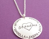 Grandma Necklace in Sterling Silver - Hand Stamped, Engraved Pendant for Grandmother - Personalized Family Names by Eclectic Wendy Designs