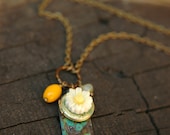 Tiny Locket with Daisy Flower and Patina Tag Necklace - Verdigris Spring.
