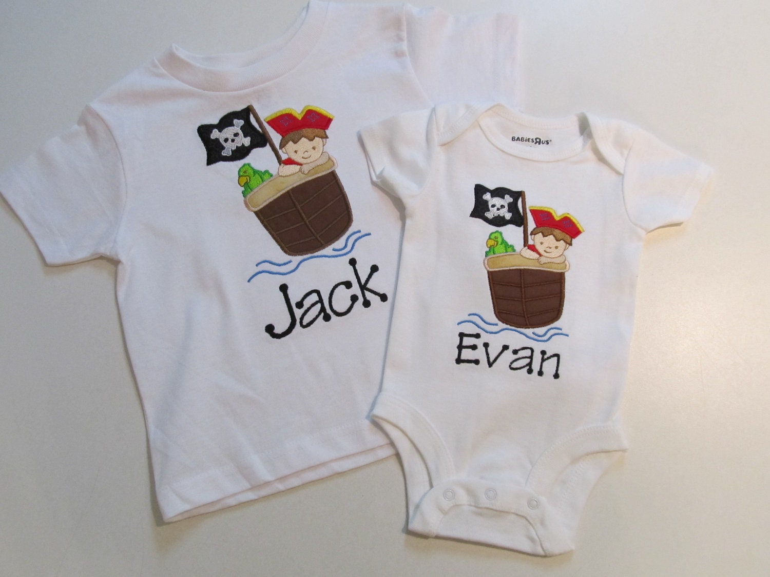 Big Brother, Little Brother White Shirt and Onesie, with Little Boy in Pirtate Ship Applique