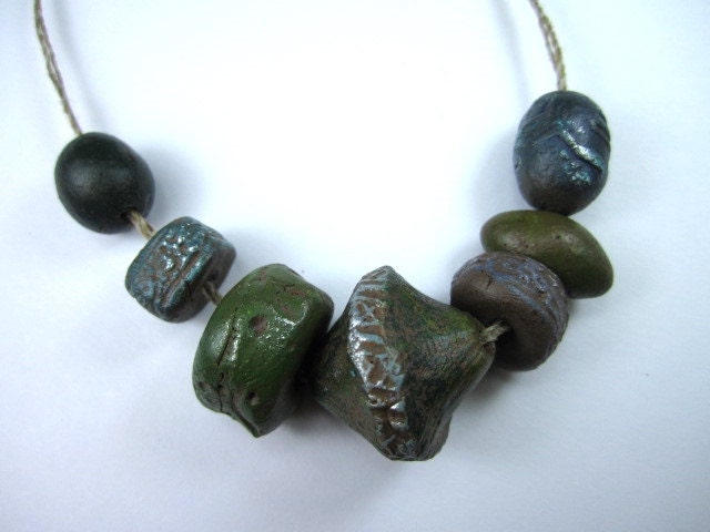 7 Moody Spring Silver Boho Textured Beads Hand Painted Artisan Stoneware Clay Pottery No.201