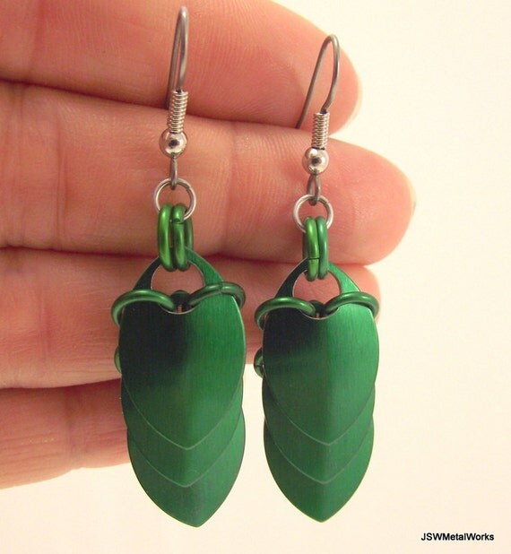 Sleek Green Small Scale Earrings, Scalemail, Scale Earrings, Aluminum Earrings