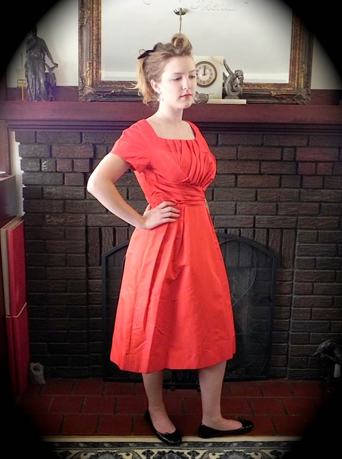 Scarlett Stunner Vintage 1950s Red SILK Party Dress with Scooped Neckline  and Shelf Bust S M