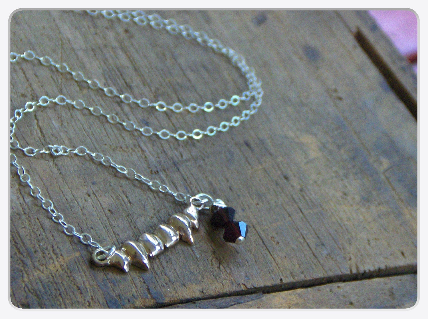 ONCE BITTEN. Solid 10 K gold Vampire Fang Sterling Silver Chain Necklace with Red Crystal Blood Drops . Lost Wax cast gold Vampire teeth