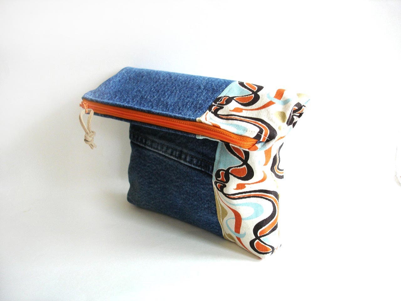 Fold over clutch recycled denim color block tangerine blue zipper top