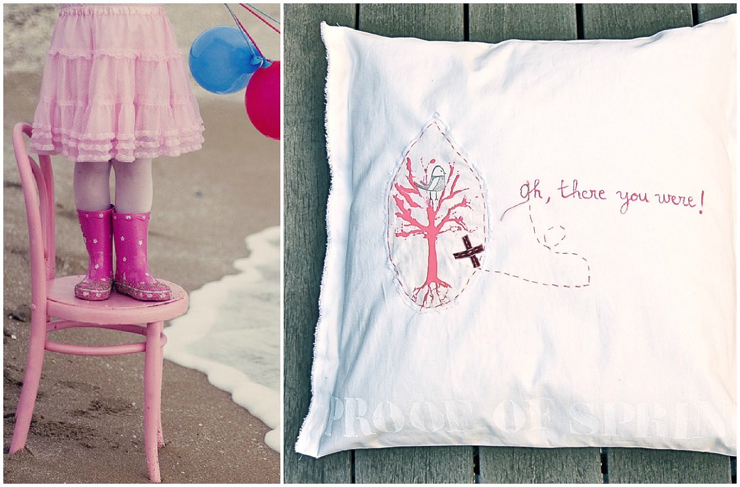 Vintage cotton cushion cover in white with pink tree : Proof of spring - Free shipping