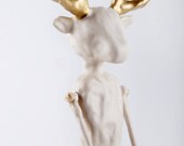 Deer Doll Contemporary Clay  Folk Art Doll - Golden Antlers